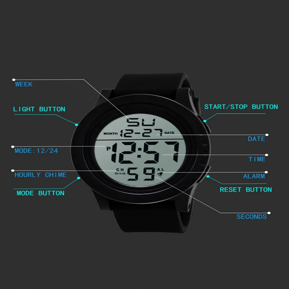 Large Screen LED Sports Watch Digital Mens Black Luminous Alarm Clock Waterproof Quartz Watches 30M Sport Timer Countdown Dual