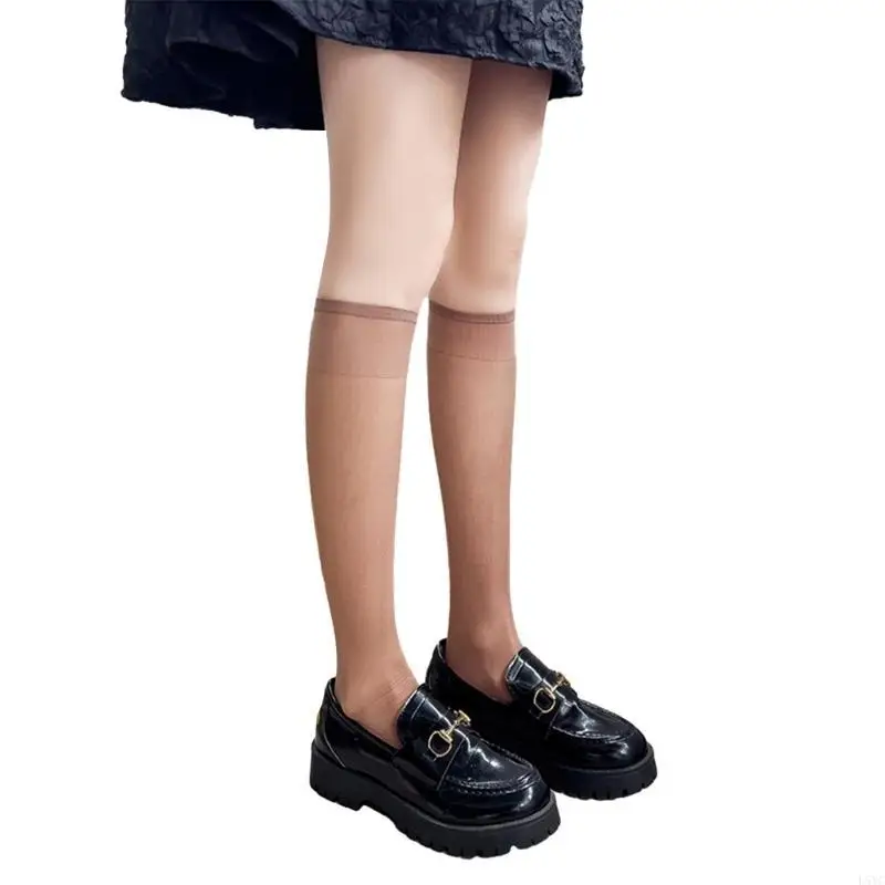 

L5YC Women Long Tube Socks Summer Solid Color See Through Silk Knee Length Stockings