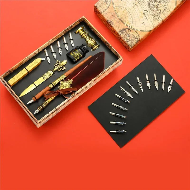 Ensemble de stylos à tremper de style européen avec encre, stylo à tremper rétro, sceau de laque, crayon à plumes étudiant, kit d'écriture, cadeaux, vente en gros, nouveau