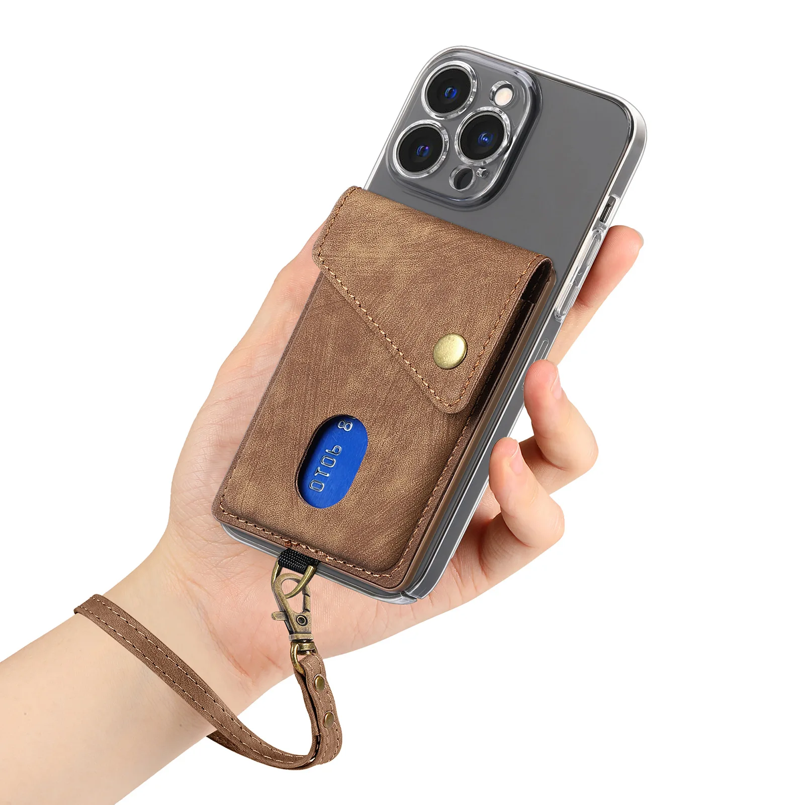 

Кожаный кошелек-картхолдер с ремешком для iPhone 17 16 15 14 13 Pro Max, самоклеящийся держатель-подставка для Galaxy S26 S25 Ultra FE