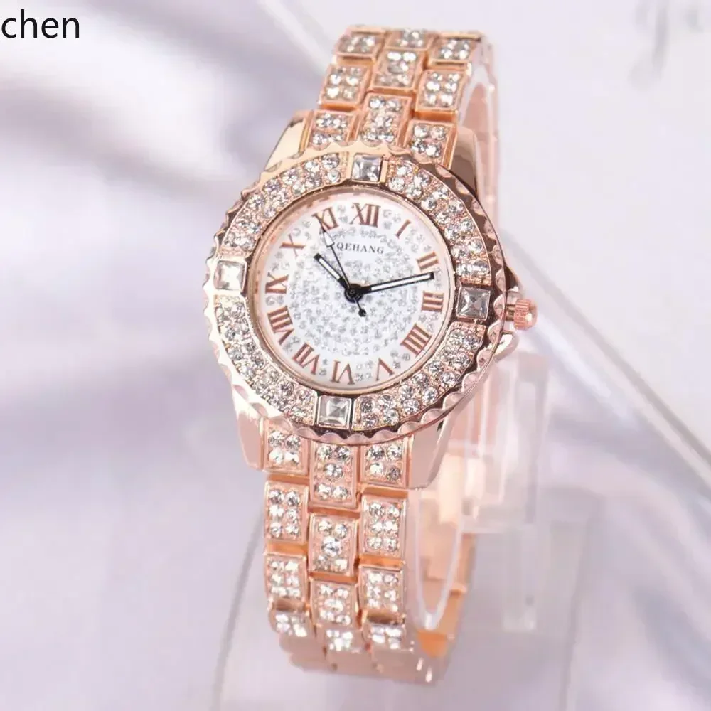 ZZ diamond-encrusted gypsy quartz watch, simple and fashionable women's alloy steel belt watch