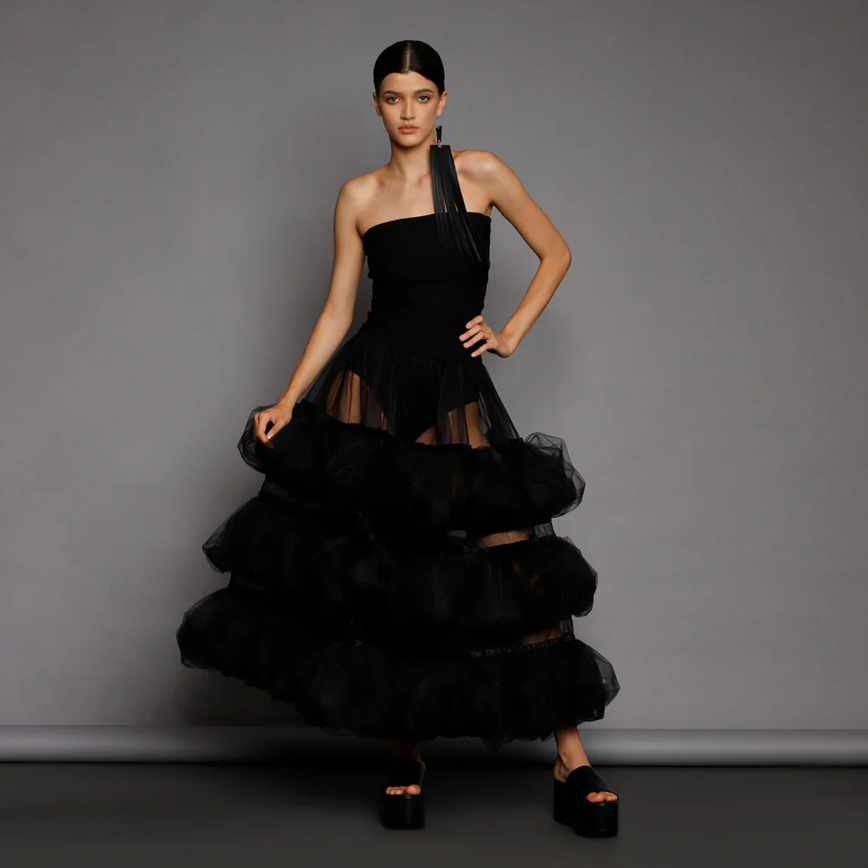 

Newest Black See Thru A-line Midi Women Skirts With Layered Bubble Organza Girls Skirt To Holiday Party