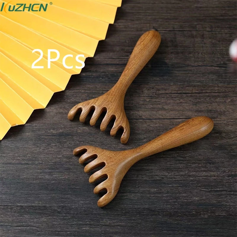 

2pcs Natural Wooden Wide Tooth Long Handle Comb Meridian Massage Anti-static Head Six Claw Massager Promote Blood Circulation