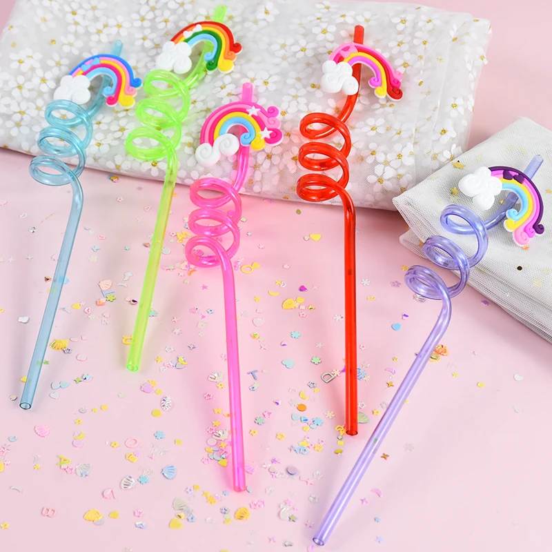 5Pcs Plastic Reusable Rainbow Bend Drinking Straws Children Birthday Party Cartoon Decors Gift Cocktail Juice Bar Spiral Straws