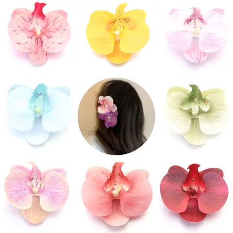 5 pçs simulado borboleta orquídea flor cabeça colorida flores artificiais para diy casa casamento grampos de cabelo decoração acessórios