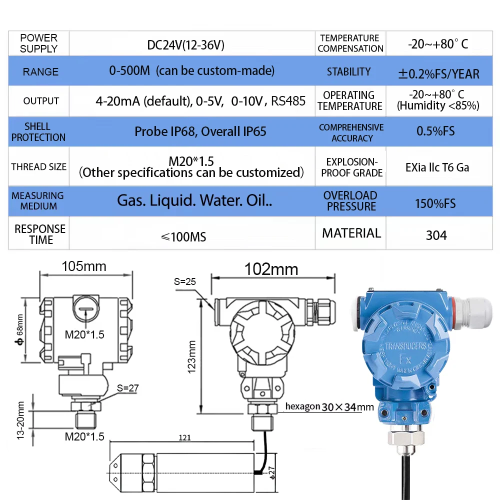 Armoured Explosion-proof Liquid Oil Water Level Sensor Transmitter Transducer Probe with 4-20MA 0-5V 0-10V RS485 Output 0.5% FS