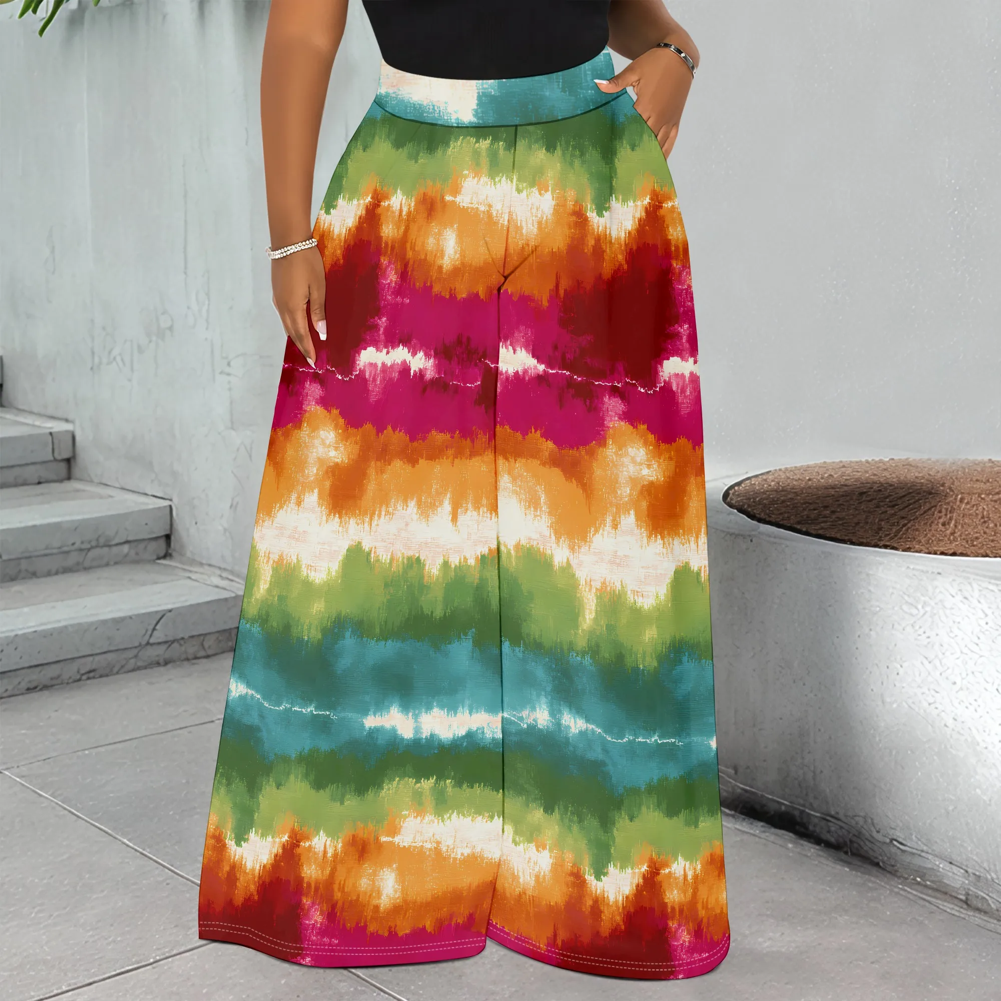 

Colorful Tie Dye Wide Leg Pants, Rainbow Print Trousers, Casual Boho Beach Wear, High Waist Palazzo for Women S-3XL