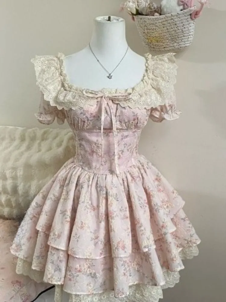 Kawaii Schöne Bogen Spitze Kleid Frauen Französisch Süße Puff Sleeve Schlank Kuchen Kleider Weibliche Ziemlich Fee Prinzessin Kleid Sommer Neue