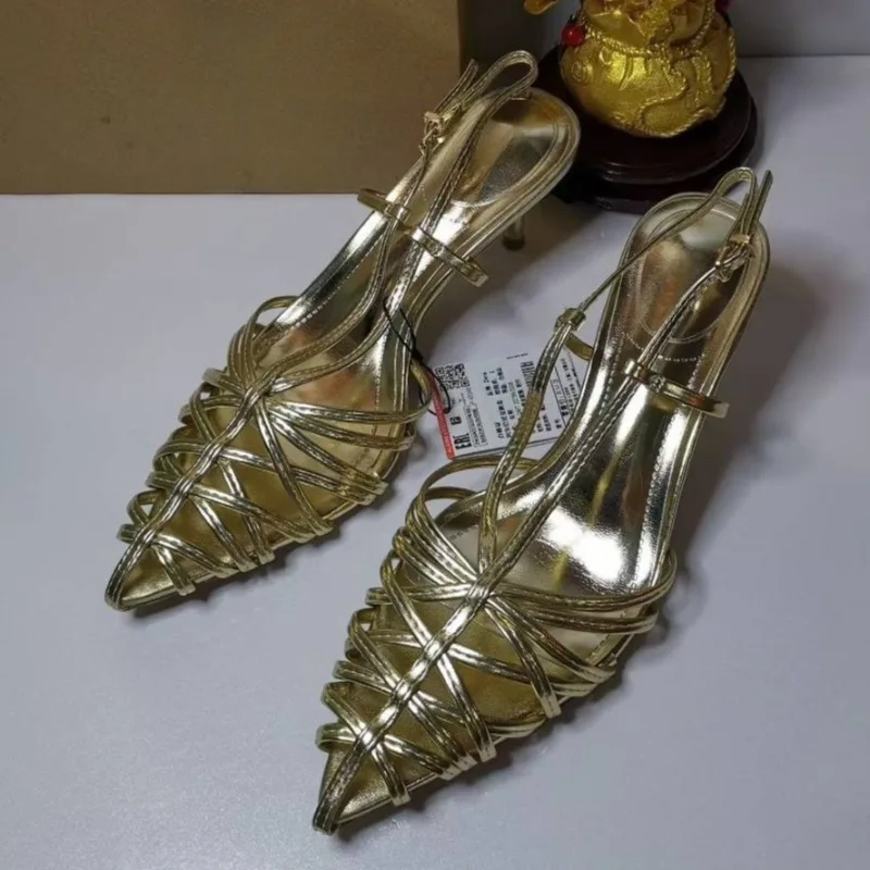 

2025 Summer Brand High Heels Sandals for Women Gold Sexy Pointed Toe Stilettos Unique Woven Strap Design Ladies Party Shoes