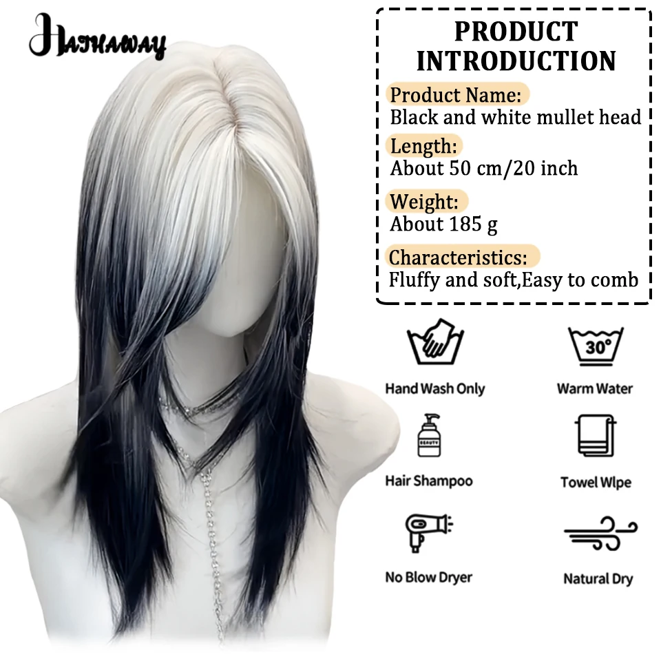 Synthetic Wig Female Long Hair Fashion New Black And White Gradient Split Mullet Head Unisex Japanese Full Headgear Daily Wear