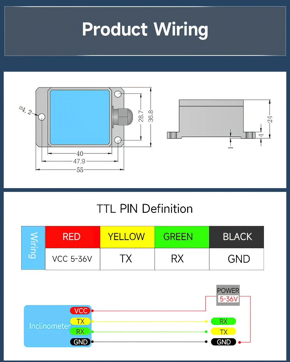 SINDT Dual-axis Accelerameter 200Hz MPU6050 3-Axis Acceleration+Gyro+Quaternion+2-Axis Angle(XY 0.2°Accuracy), IP67 Waterproof