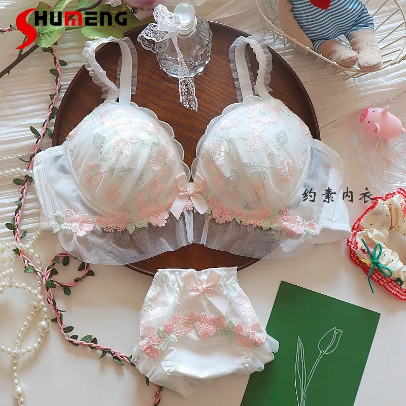 

Japanese Sweet Pure Desire Embroidered Bra Set for Women Cute Wireless Push Up Intimates Female New Style Pink Brief Suits