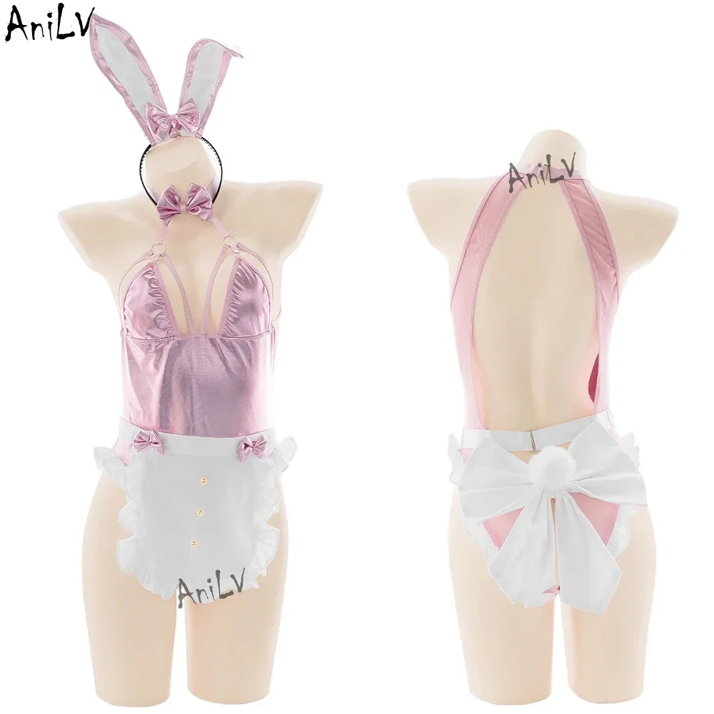 AniLV Pink Sweet Rabbit Easter Uniform Series Candy Girl Maid Cosplay Women Anime Bunny Bodysuit Dress Valentine's Day Costume