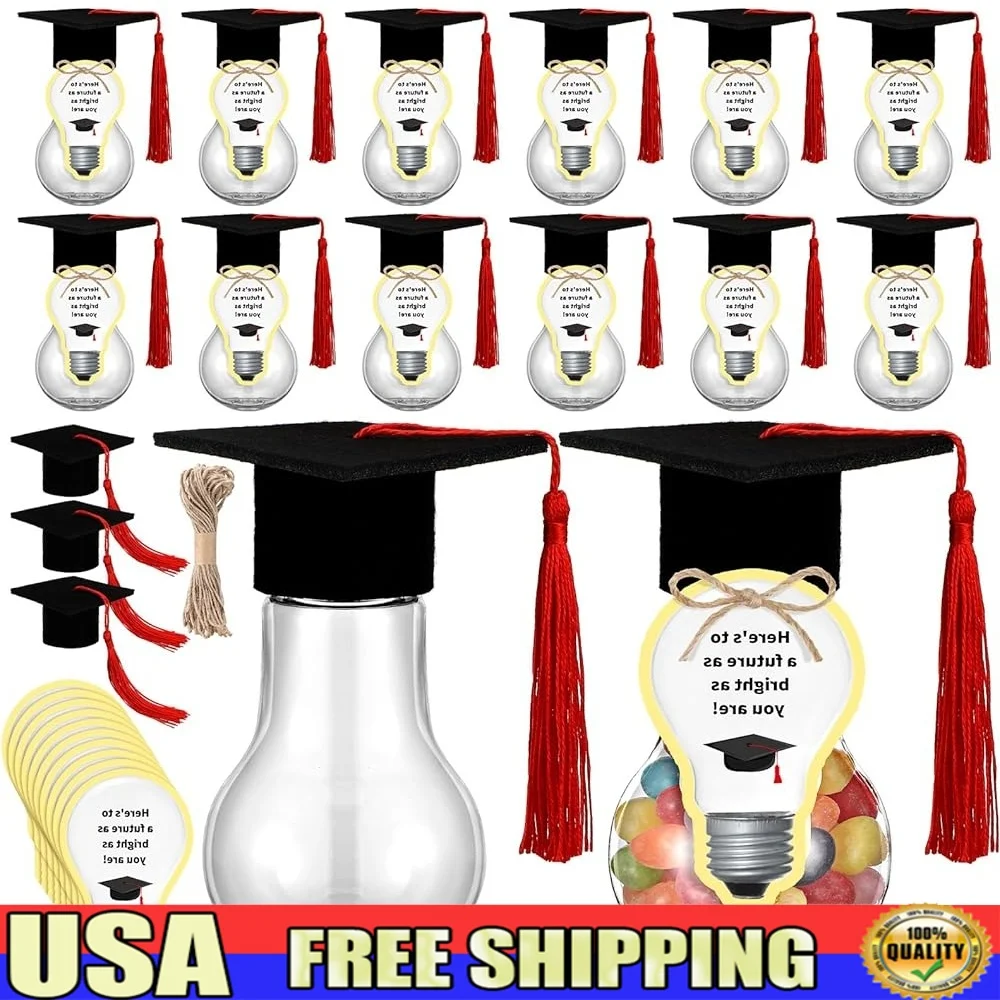 

12 Pack Graduation Cap Candy Jars Fillable Plastic Bulb Shape Containers Keepsake Gift Set Class of 2025 Celebration