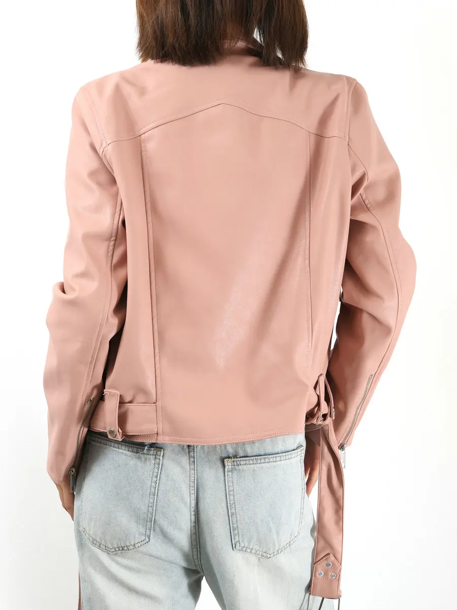 2025 Chaquetas cortas Retro de piel sintética rosa para mujer, chaquetas cortas Vintage elegantes con bolsillos y cinturón con cremallera, ropa de calle holgada, abrigos, Tops