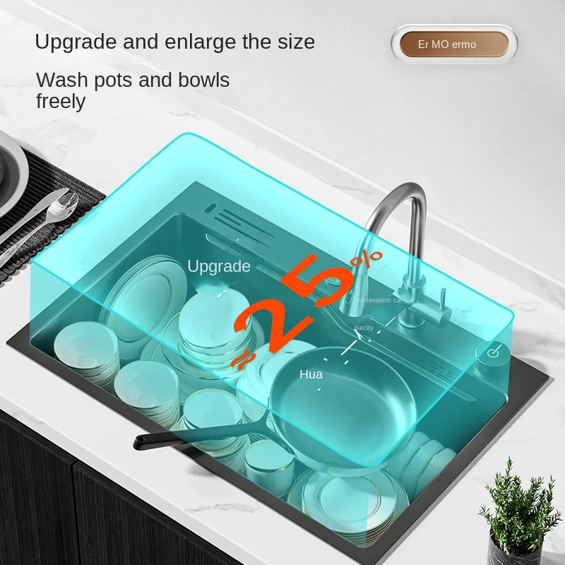 Nano Stainless Steel Kitchen Sink Large Single Slot Gun Gray Console Control Faucet Household Vegetable Dishwasher Basin