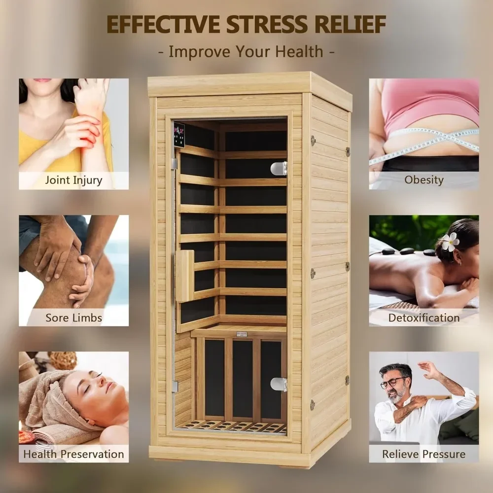 Sauna infrarroja para el hogar, Sauna seca interior de madera Hemlock, temperatura del tiempo, preconfiguración de calentadores EMF bajos, paneles de 10 minutos precalientes