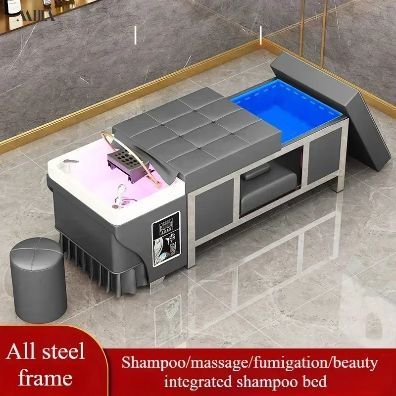 Head therapy shampoo bed for barber shops and salons. Has Thai massage, water circulation, and fumigator features.