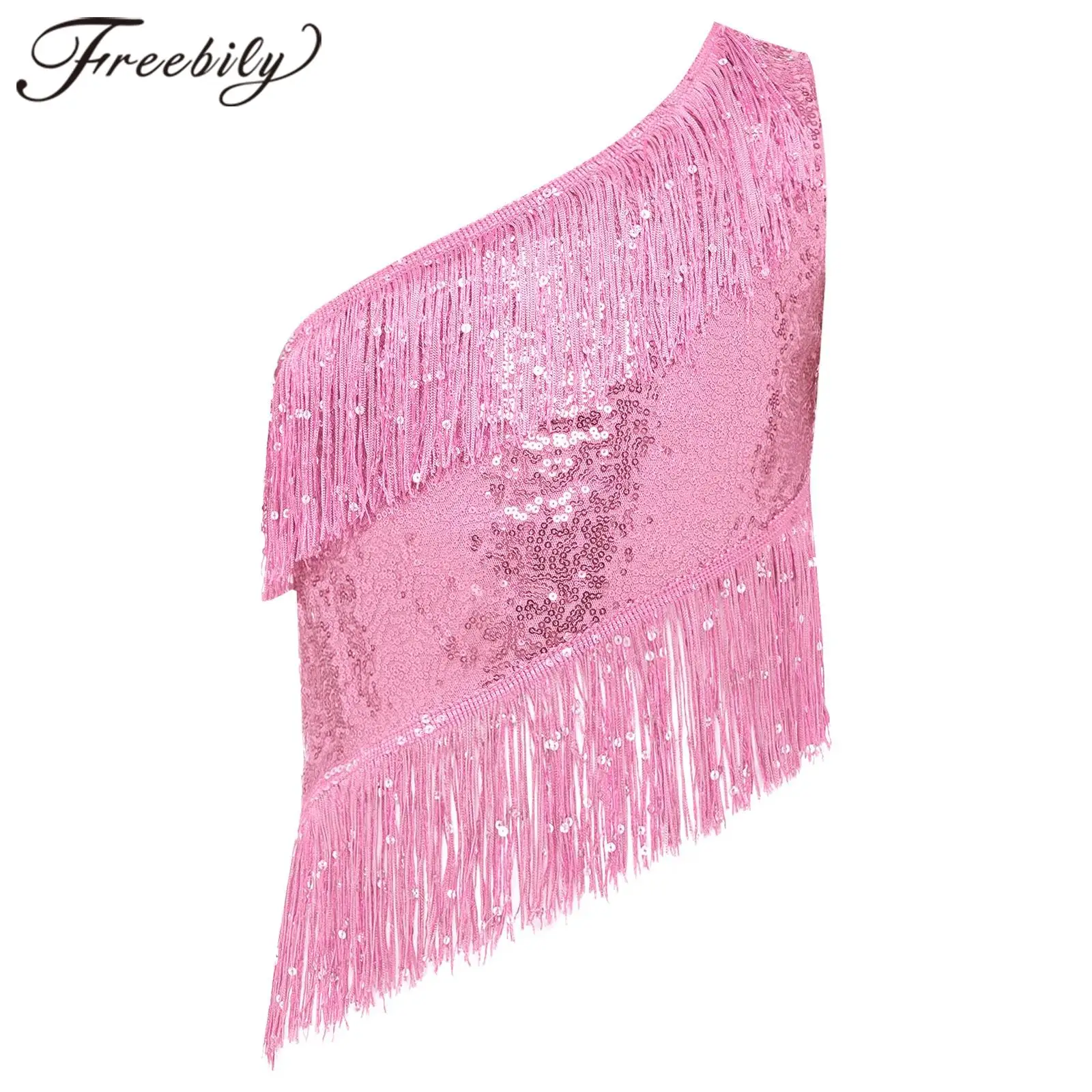Kids Music Festival Sleeveless Tassel Vest Dance Top Asymmetrical Crop Top For Girls Sequined Tank Tops Jazz Latin Dance Costume
