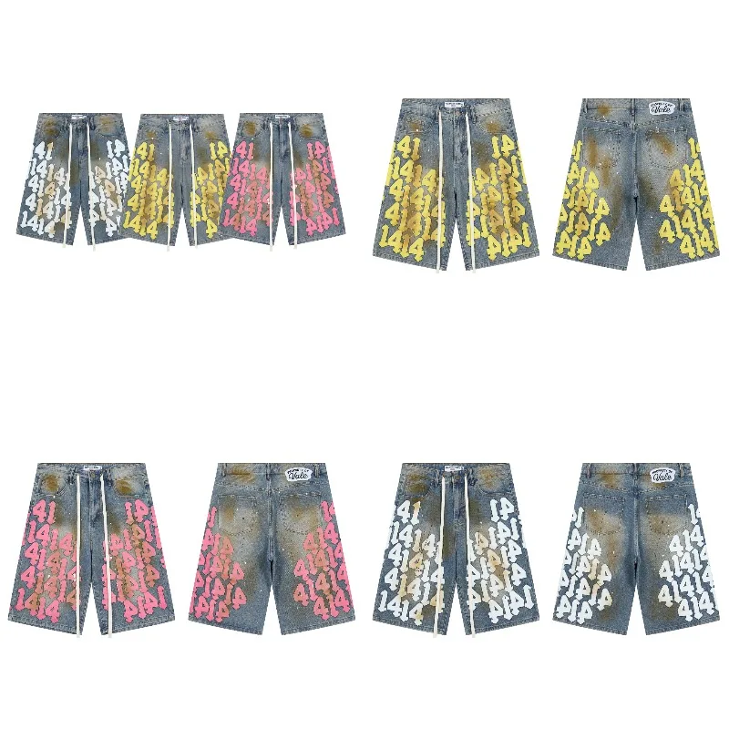 26SS Men's Vintage Vale Denim Shorts Foam Print Splash Ink Baggy Shorts Hip Hop Streetwear Loose Do Old Y2K Jeans