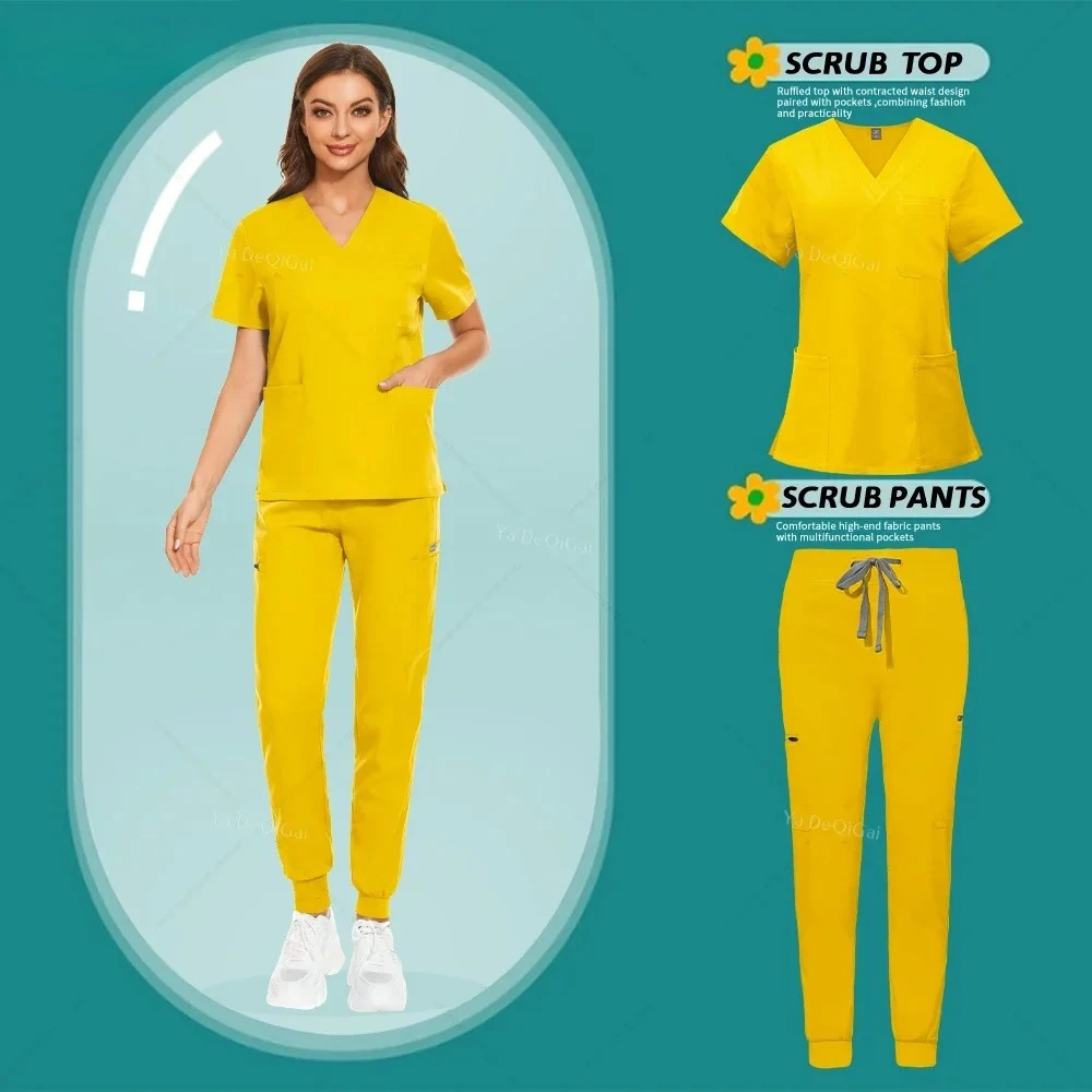 Bright Yellow Uniform Unisex Pockets Scrubs Top+Pants Nurse Uniforms Hospital Doctor Dental Surgery Workwear Medical Scrubs Sets