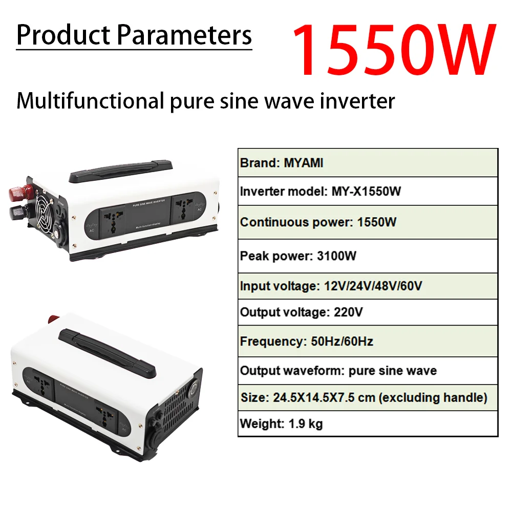 MYAMi 1550W Pure Sine Wave Power Inverter 12V 24V 48V 60V To 220V 50Hz/60Hz LCD Display With USB&Light For Car/Truck/RV/Home Use