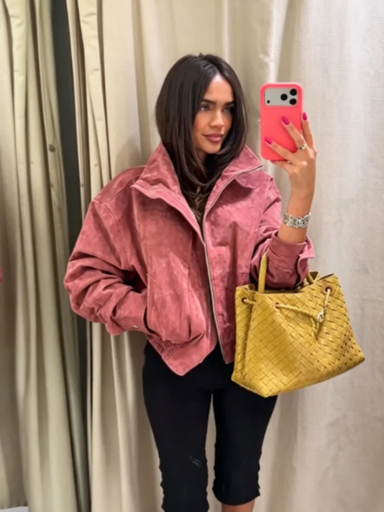 Women Retro Cropped Zip Jacket Ladies Stand Collar Long Sleeve Fitted Waist Pocket Design Short Coat Casual Daily Outerwear New