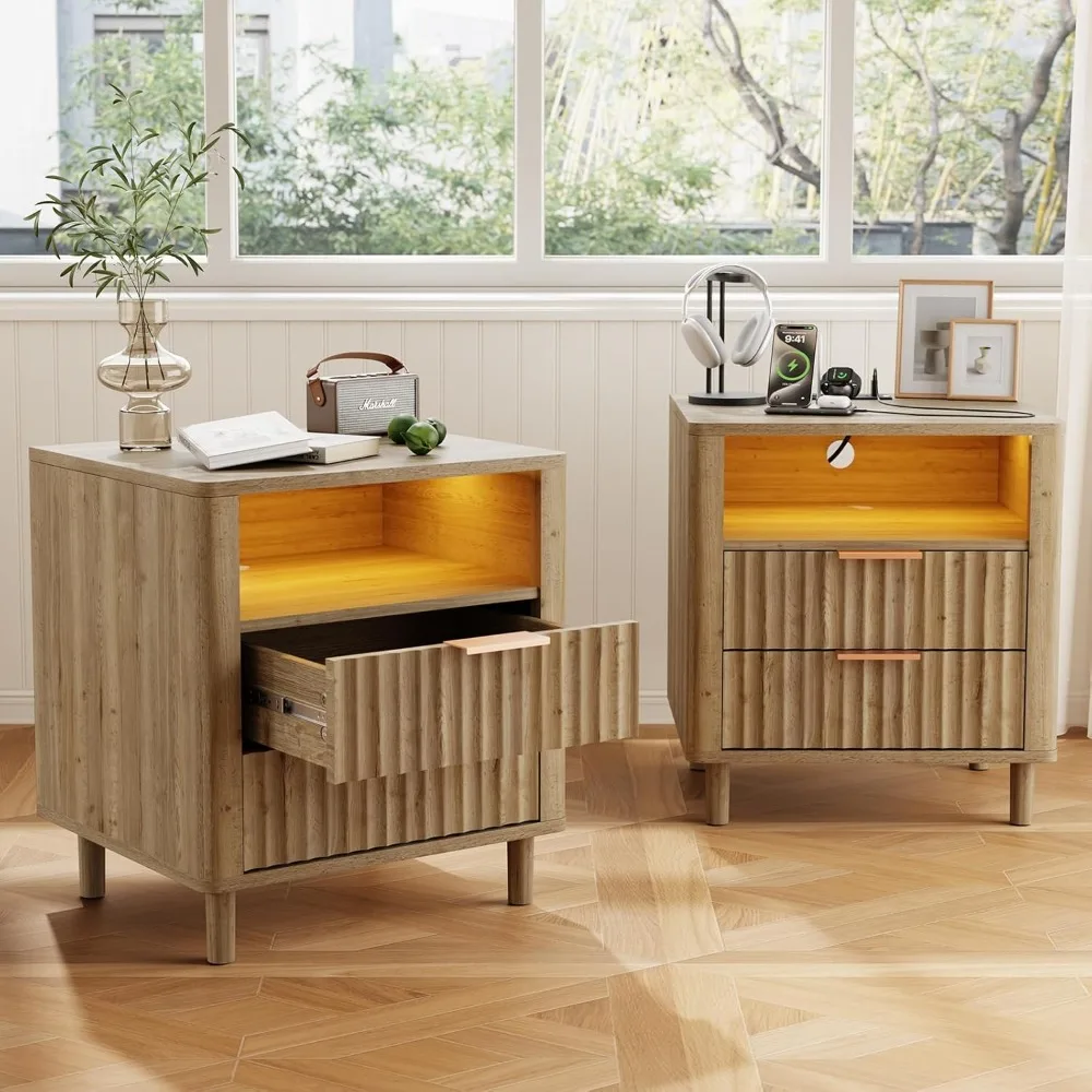 

Night Stand Set of 2, Fluted Bedside Table with 2 Drawers Storage, Wood Modern Nightstand with Charger Station, Curved Profile D
