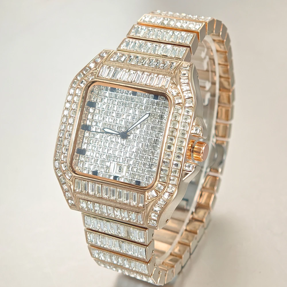 ساعة UNIGUET Rose Ice Square للرجال من الفولاذ المقاوم للصدأ ساعات كوارتز فاخرة للرجال هيب هوب مستطيلة من الماس والمجوهرات