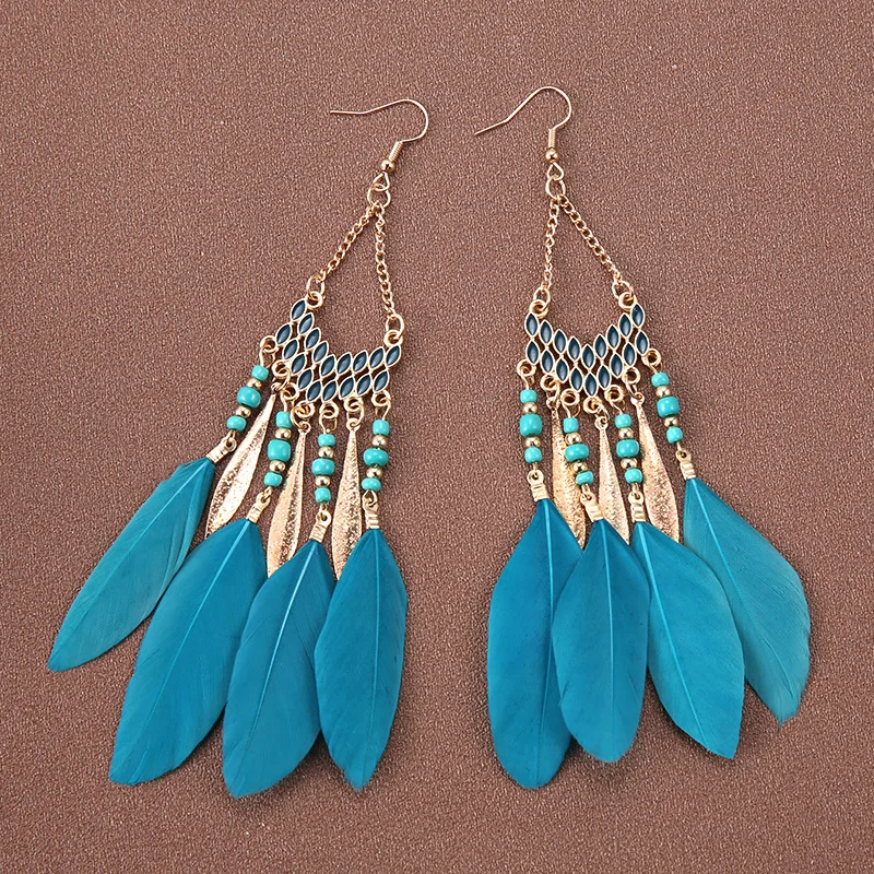 Boucles d'oreilles ethniques rétro pour femmes, perles arc-en-ciel, pompons en plumes, boucles d'oreilles pendantes, cerceau d'oreille Boho creux, accessoires de bijoux féminins