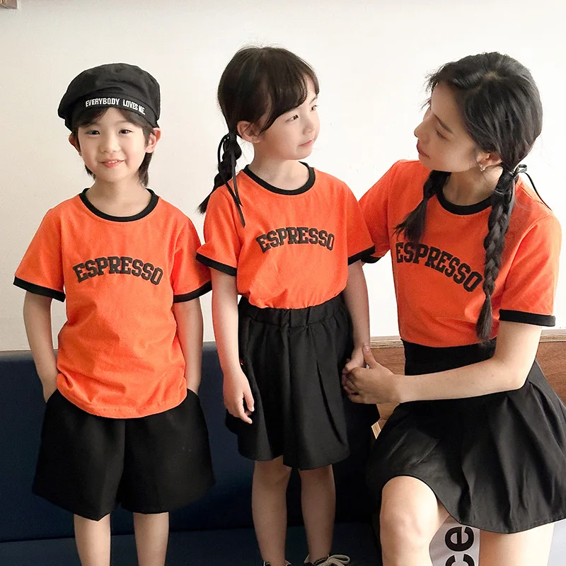 Mom and Children Matching Clothes Mother Son T Shirts Two Piece Sets of Twins Korean Mummy Daughter Tee Tops Skirt 2 Pieces Suit