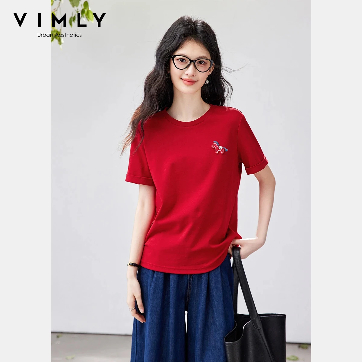 VIMLY Women's Casual Versatile Red T-Shirt 2026 Summer New Office Fashion Fun Pony Embroidery Crew Neck Short Sleeve Top A6279