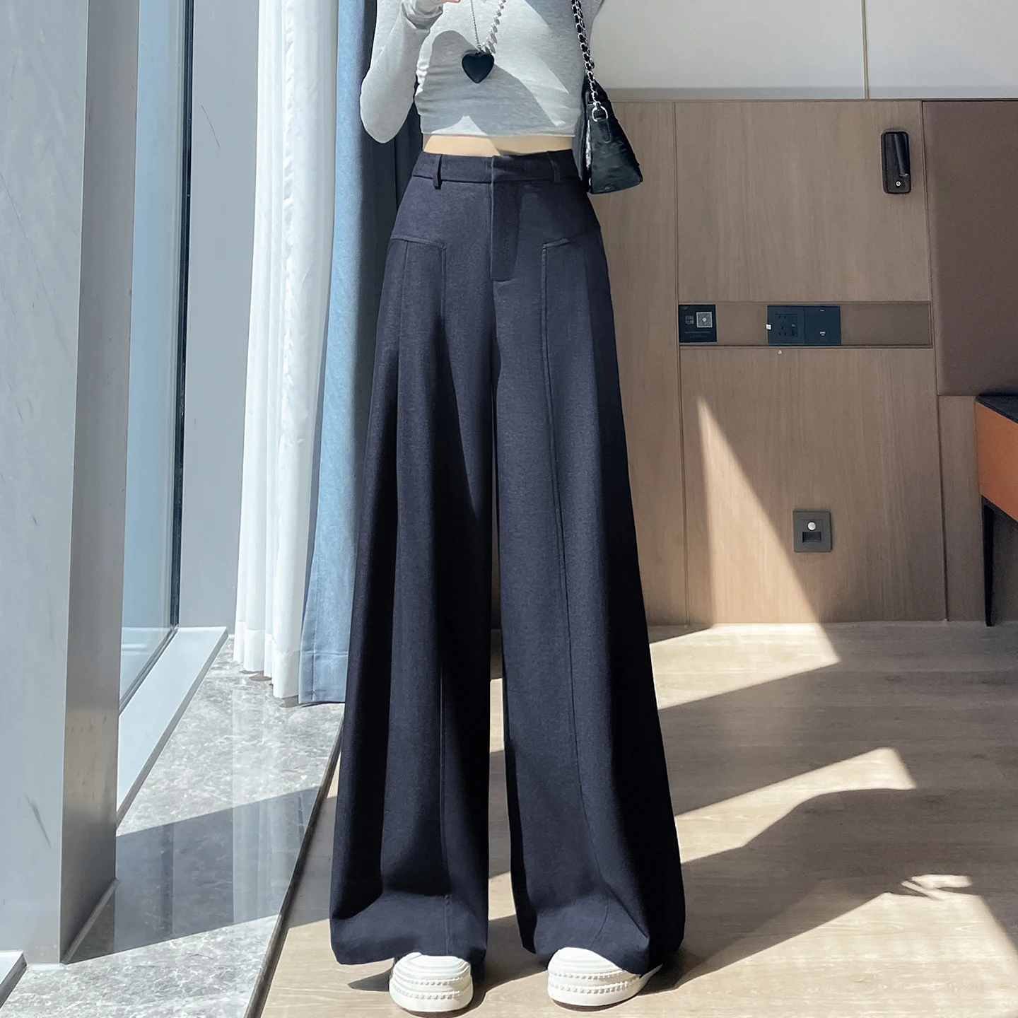 กางเกงขายาวทรงขากว้างสำหรับผู้หญิง สีน้ำเงินเข้ม แบบเดนิม เอวสูง ช่วยเก็บหน้าท้อง ทรงหลวม ขาตรง สไตล์ลำลอง ยาวคลุมเท้า