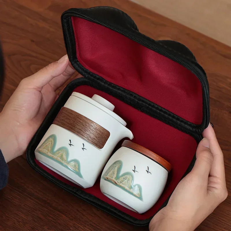 

‌Outdoor Ceramic Travel Tea Set include 1-Pot 3-Cup Portable Kit with Carrying Case Brewing Essentials for Hiking or Camping