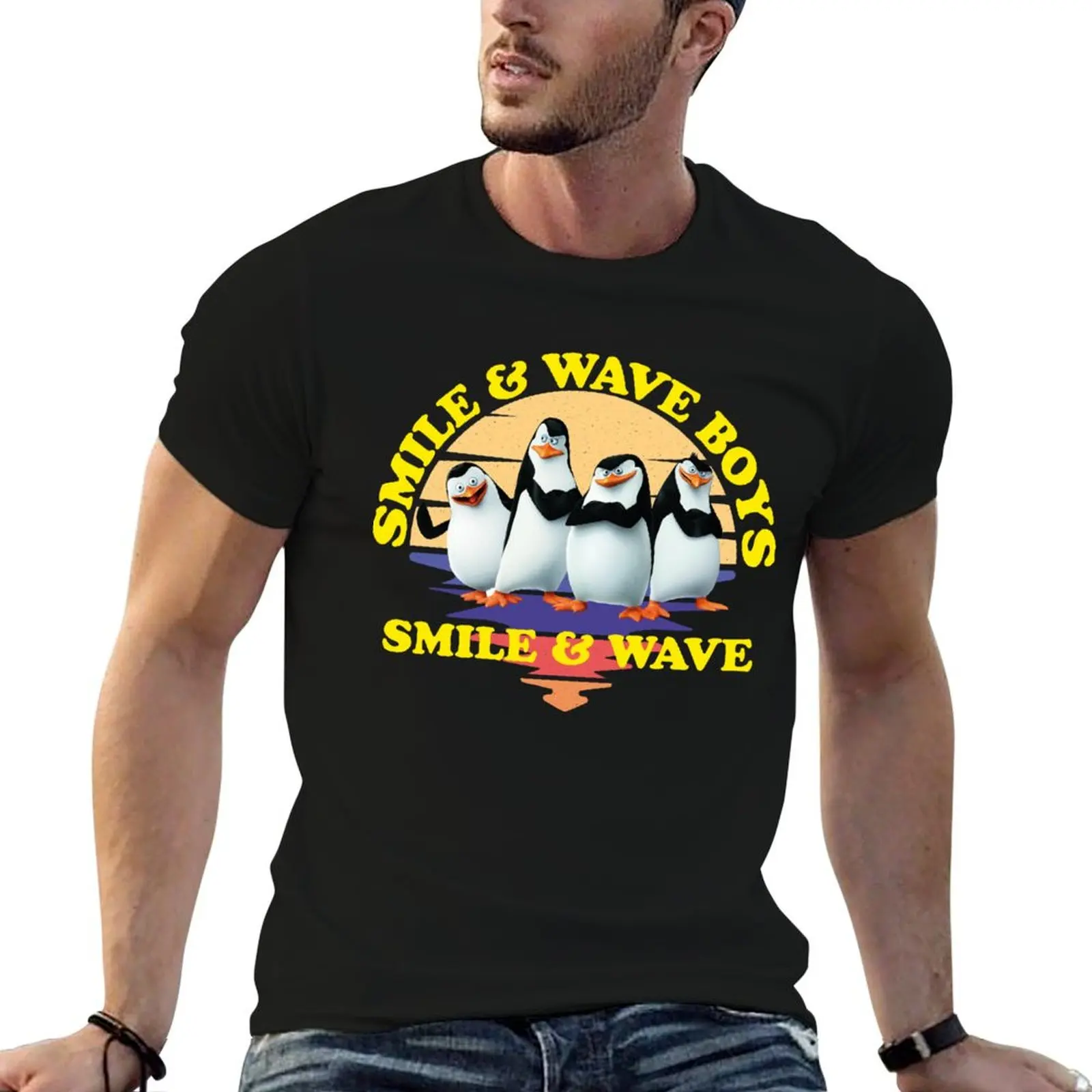 

Madagascar Penguins Smile And Wave Sunset Text Poster V3 T-Shirt vintage t shirts cotton graphic tees shirts men