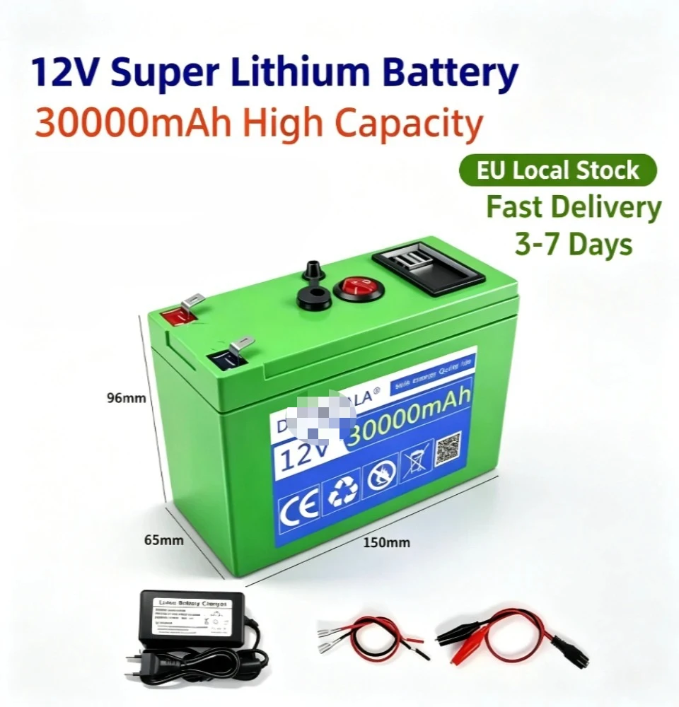12V 30000mAh Lithium-Batterie mit eingebautem BMS, 4000+ Zyklen, für Solarenergie, Fischfinder, Power Wheel, Boot, Wohnmobil, elektrisches Kinderspielzeugfahrzeug, mit 12,6V 3A Ladegerät