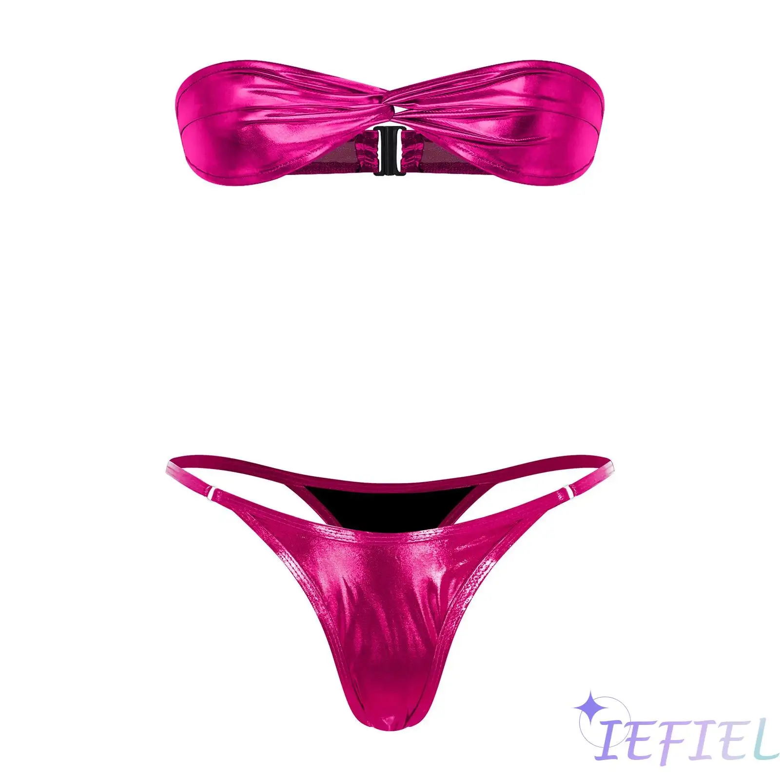 

Fashion Women Metallic Shiny Bikini Outfit Strapless Front Twisted Knot Back Buckle Bra Top And T-back Briefs Swimwear Beachwear