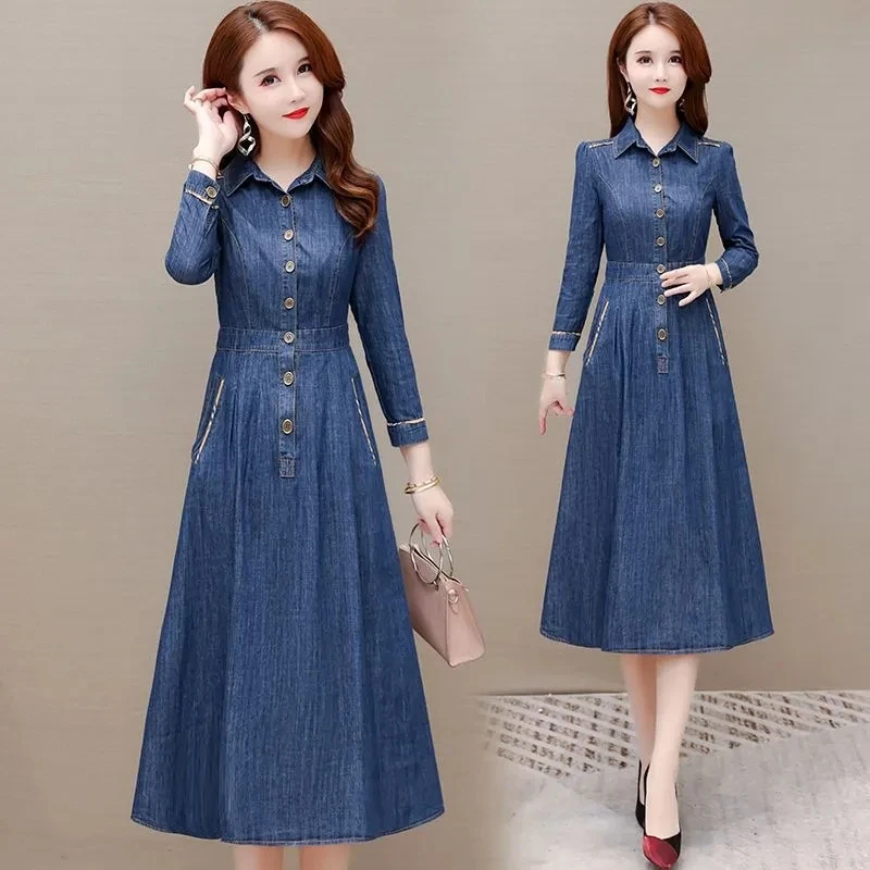 

Denim Dress Women Spring Autumn 2023 New Temperament Fashion Age Reduction Dresses Female Long-sleeved Large Size A-line Skirt