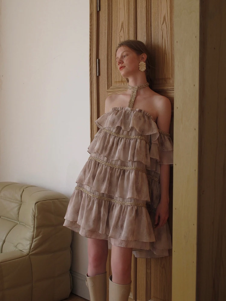 Roriri tie dye feminino fora do ombro halter vestido de mangas curtas ponto em camadas plissado a linha princesa bolo vestido retro y2k roupas