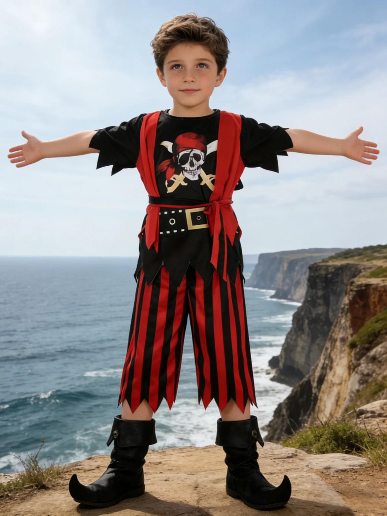 Conjunto de disfraz de pirata para niños, camiseta de manga corta, pantalones a rayas y pañuelo para la cabeza, traje para fiesta de Halloween para niños