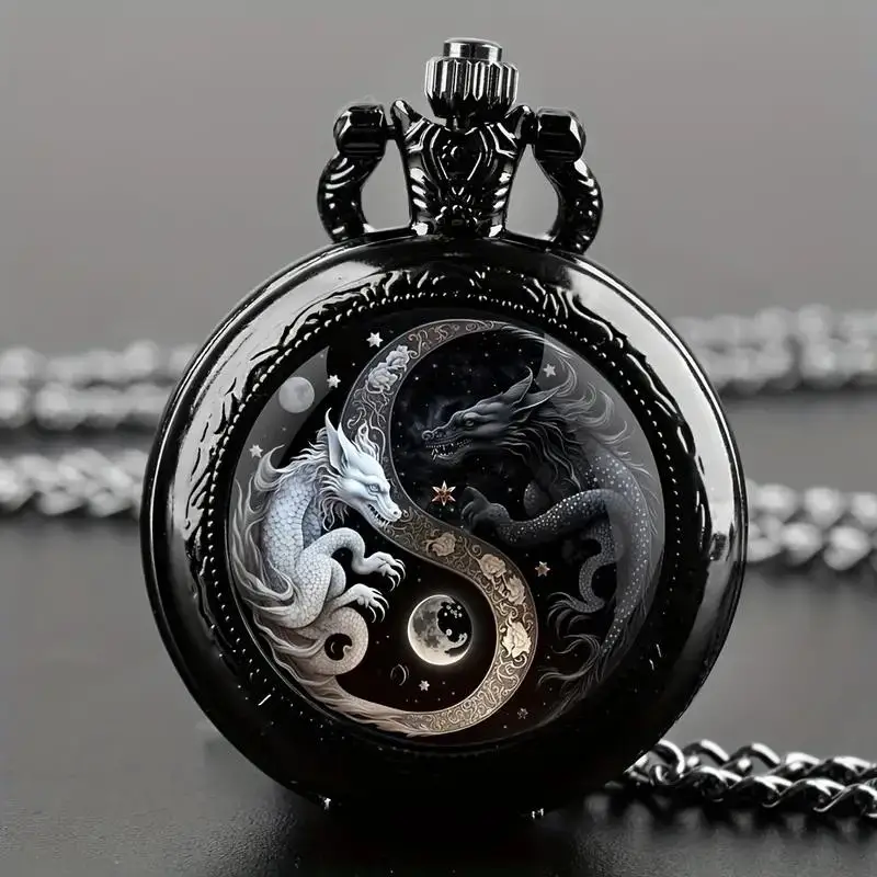 Jam tangan saku Quartz Naga Yinyang hitam dengan kaca kristal mistis dualisme penahan waktu