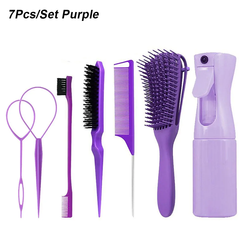 7Pcs/Set Edge Control Hairdressing Tool Set Plastic with Braiders Hair Brush Set Ponytail Creator Eyebrow Brush