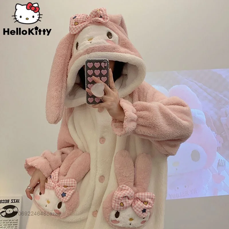 Sanrio My Melody Plush Warm Pajamas Kawaii Cartoon Winter Flannel Thickened Home Wear Set Coral Velvet Cute Home Suit For Women