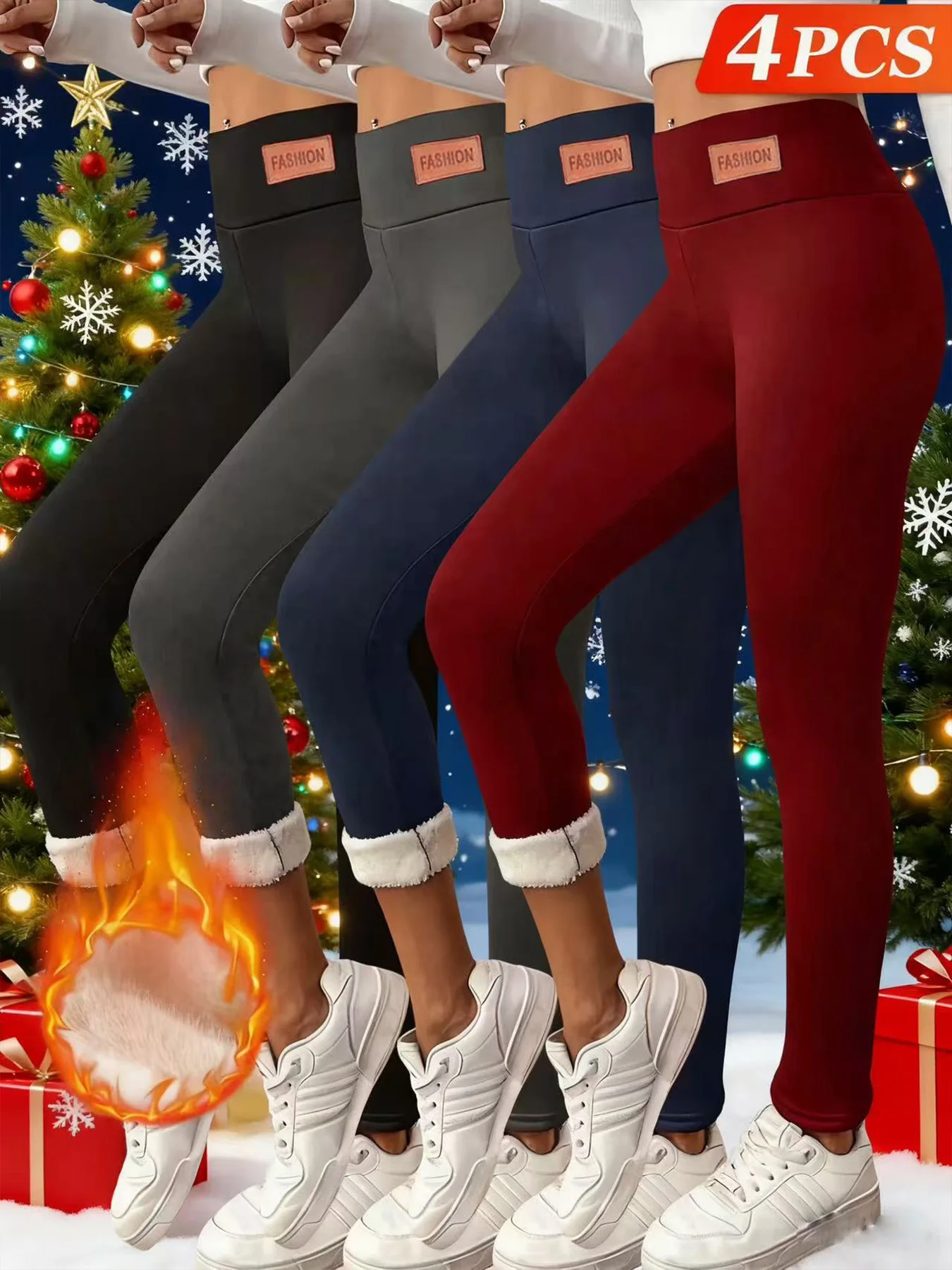 【4 عبوات من السراويل الشتوية الدافئة】بنطلون نسائي عالي الخصر مبطن بالصوف، أحمر/أزرق كحلي/أسود/رمادي، مناسب للارتداء الرياضي، عيد الميلاد #1