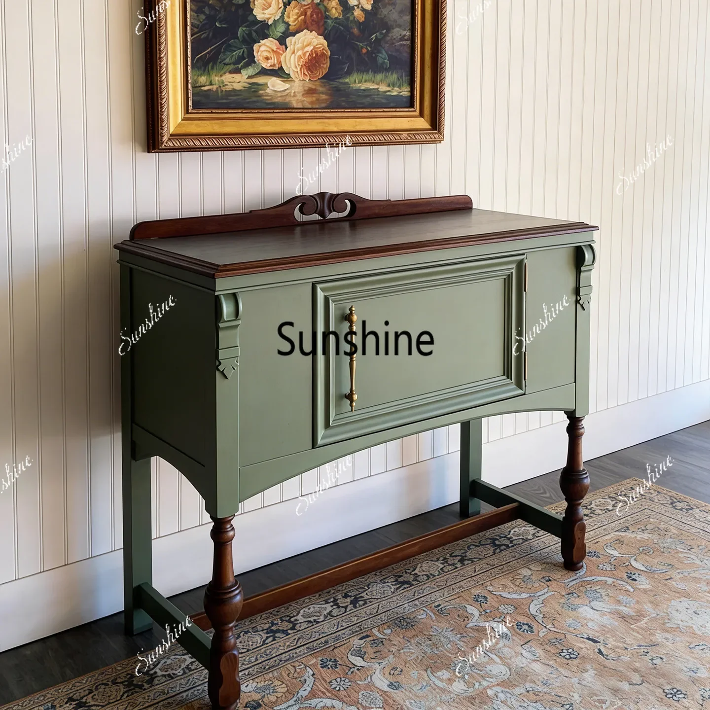 

Y.American retro style porch cabinet solid wood carving flower storage, green door panel column support can be customized