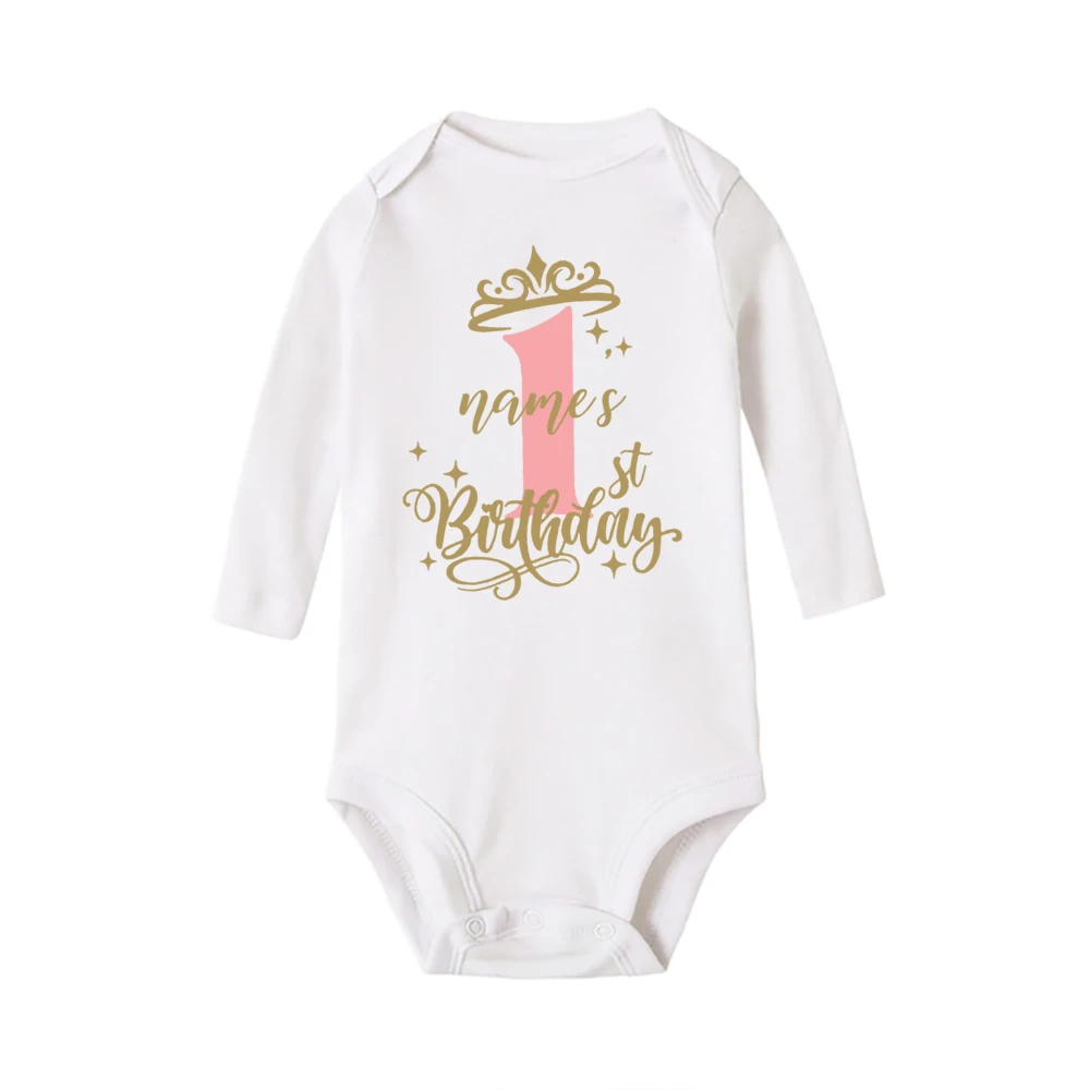 Personalized Baby 1st Birthday Romper Custom Name Newborn Bodysuit Infant Long Sleeve Jumpsuit Princess Birthday Party Clothes