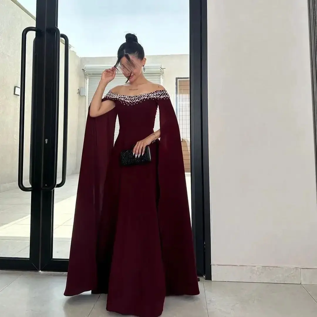 Off Shoulder Prom Dresses Beadings Floor Length Saudi Sleeveless Burgundy Evening Dresses Gala Wedding Party Guest Dresses