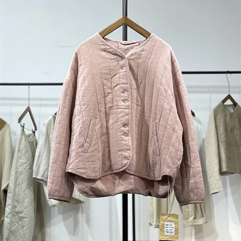 Retro Quilted Jacket Women\'s Loose Cotton Linen Clothing 2024 Spring Autumn And Winter Casual Coat