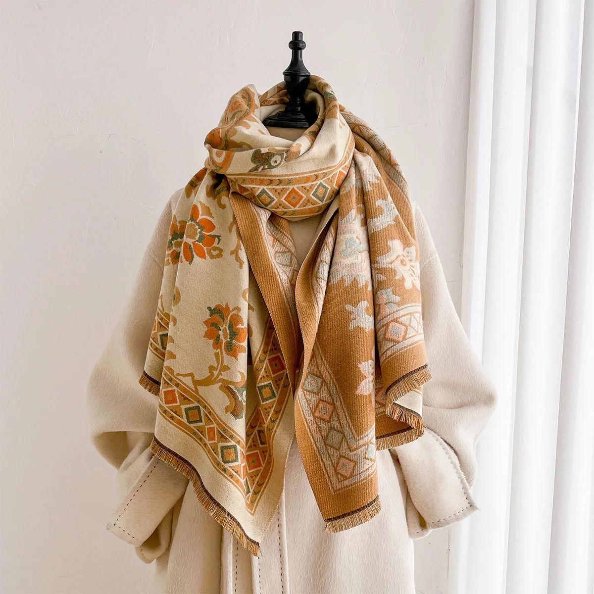 Boho Ethnic Paisley Floral Border Printed Imitation Cashmere Scarf Tassel Edge Large Warm Shawl Fashion Outer Wear Wrap