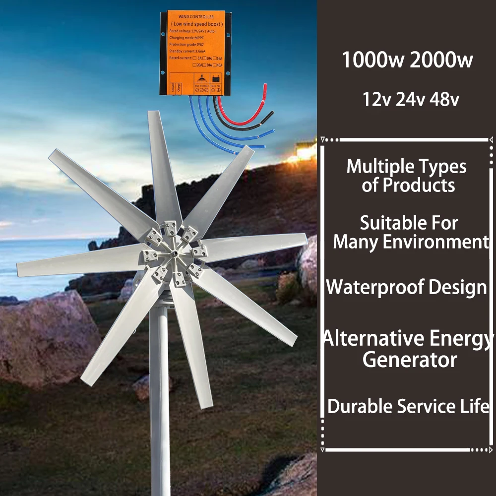 Fast Delivery 5KW 4000W 2KW 23KW 48v 24v 3Phase AC Electrical Horizontal Wind Turbine Generator With Hybrid Controller For Home